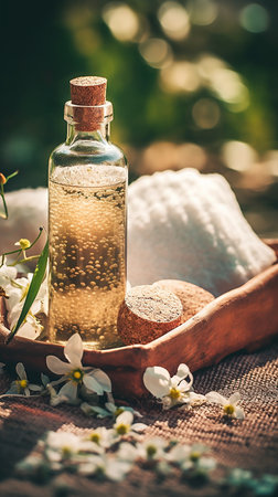 Essential oil in a glass bottle with sea salt and spring flowersの素材