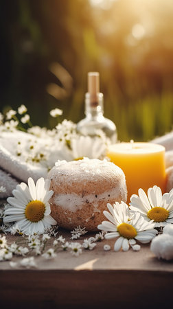 Spa still life with chamomile flowers, candles and towel on wooden tableの素材