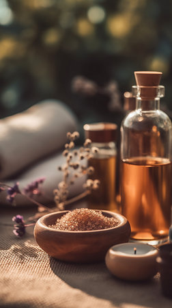 Spa still life with aromatic oil, candles and lavender flowersの素材