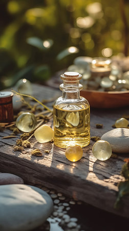 Essential oil in a glass bottle on a wooden table in nature, spa still lifeの素材