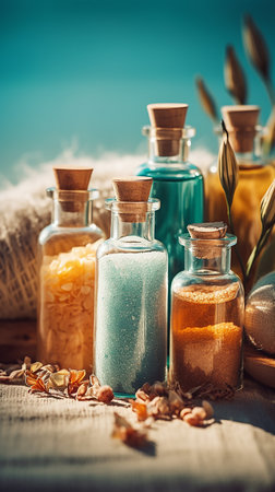 Spa still life with sea salt and oil in glass bottles on wooden tableの素材