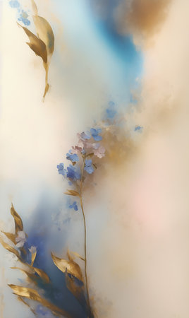 Abstract watercolor background with blue flowers and golden leaves. digital painting.の素材