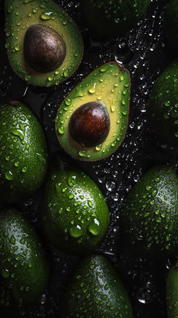 Ripe avocados and water drops on dark background, top viewの素材