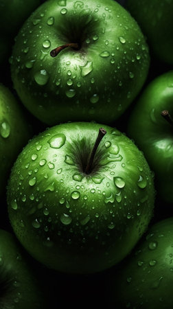 Green apples with water drops on dark background, close-up.の素材