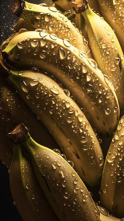 Bunch of bananas with water droplets on a black background.の素材