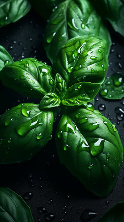 Fresh green basil leaves with water drops on black background, closeupの素材