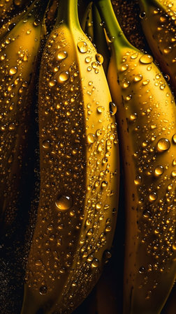 Bunch of fresh bananas with water drops close-up macro shotの素材