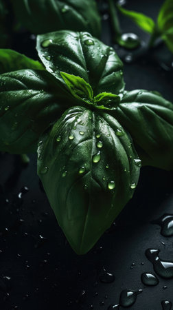 Fresh green basil leaves with water drops on black background, closeupの素材