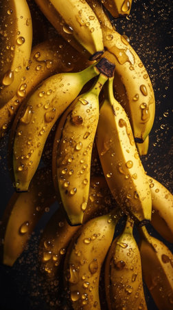 Bunch of ripe bananas with water drops on black background, closeupの素材