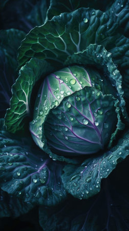 Cabbage with water droplets on the leaves, close-upの素材