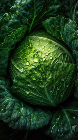 Fresh green cabbage with dew drops close-up macro photography.の素材