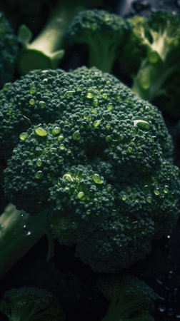 Broccoli with water drops on a black background. selective focus.の素材
