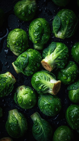 Fresh brussels sprouts with water drops on a black backgroundの素材