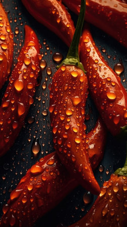 Red hot chili peppers with drops of water on a dark background.の素材