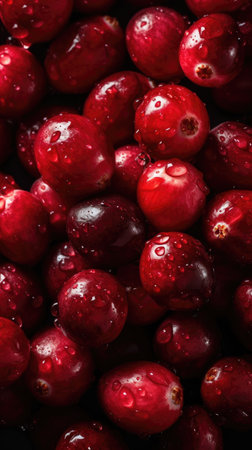 cranberries with water drops on a black background, close-upの素材