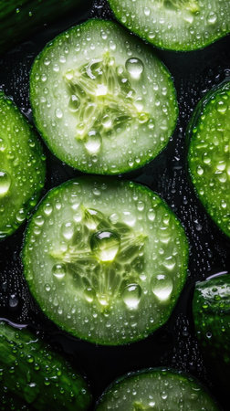 Cucumber slices with water droplets on a black background.の素材