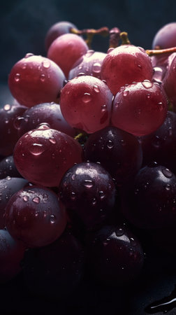 Bunch of red grapes with water drops on a black background.の素材