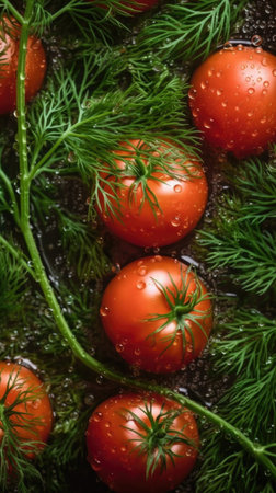 Cherry tomatoes with dill and water drops on a dark backgroundの素材