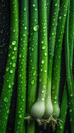 Fresh green onion with water drops on black background. top view.の素材