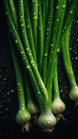 Fresh green spring onions with water drops on black background, closeupの素材
