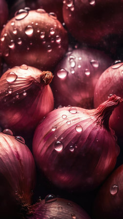 Red onions with water drops on a black background. selective focus.の素材
