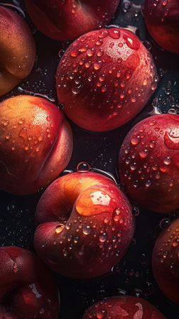 Fresh ripe apricots with water drops on a dark background.の素材