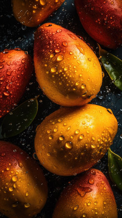 Mango fruits with water drops on black background. top view.の素材
