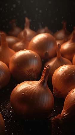 onions on a black background with water drops, close-upの素材