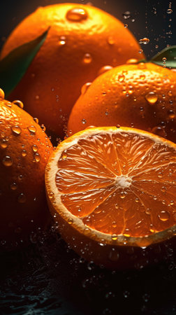 Fresh oranges with water drops on dark background. Citrus fruit.の素材