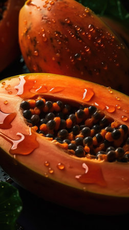 Papaya fruit with drops of water on dark background, closeupの素材