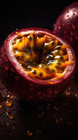Passion fruit with water drops on dark background. Passion fruit is a tropical fruit.の素材