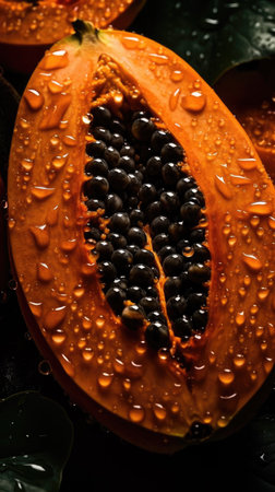 Papaya fruit with water drops on a black background. close up.の素材