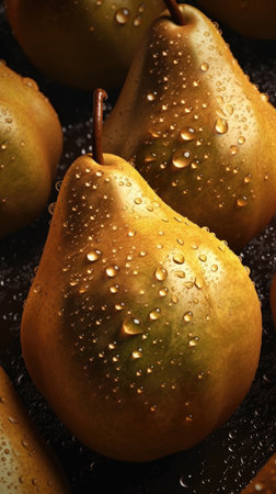 Ripe pears with water drops on dark background, closeupの素材