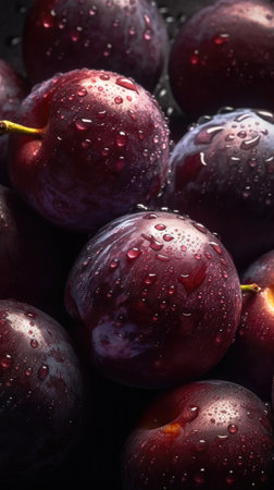 Ripe plumes with water drops on a dark background. selective focus.の素材