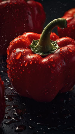 Red bell pepper with drops of water on a black background close upの素材