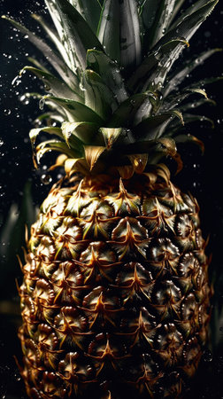 Pineapple with water drops on a dark background. tropical fruit.の素材