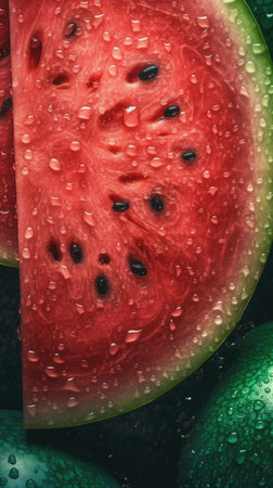 Watermelon with drops of water on a dark background close-upの素材