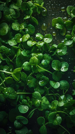 Green microgreens sprouts with water drops on dark background.の素材