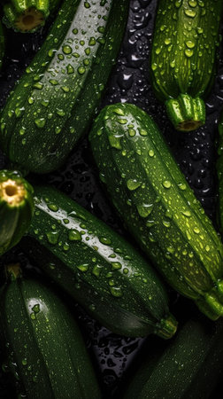 Fresh zucchini with water drops on black background. top view.の素材