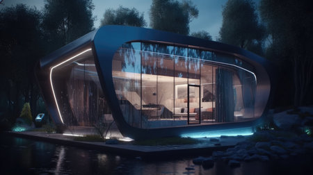 3D rendering of a futuristic building in the city at night.の素材