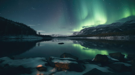 Aurora borealis, northern lights over lake in winter, Icelandの素材