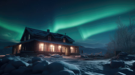 Aurora borealis, northern lights over wooden house in winterの素材