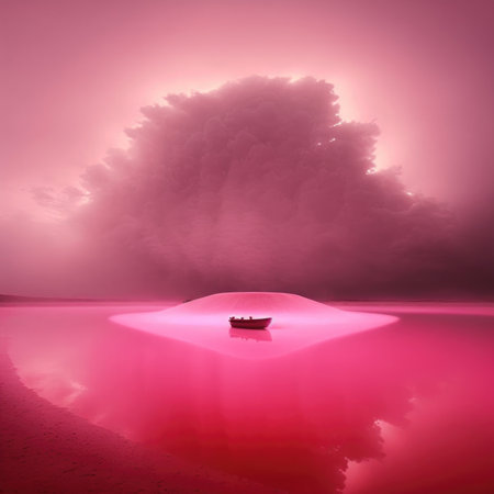 Fantasy landscape with a boat on the lake and a pink skyの素材