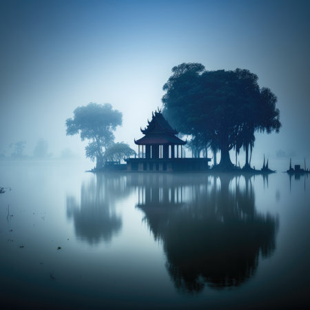 pavilion on the lake with fog in the morning, Thailandの素材