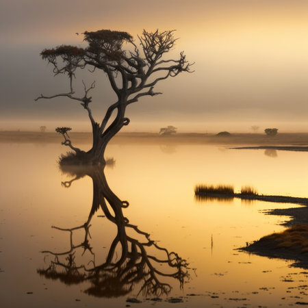 Tree silhouette at sunrise in the Okavango Delta, Botswanaの素材