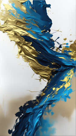 Blue and gold paint splashes on white background. 3d renderingの素材