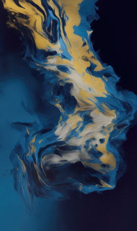 Blue and yellow paint mixing in water. Abstract background for design.の素材