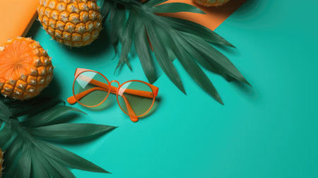 Pineapple, sunglasses and palm leaves on a turquoise backgroundの素材