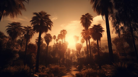 Palm trees in the desert at sunset. 3D rendering.の素材