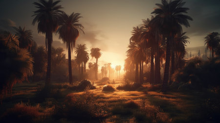 Palm trees in the fog at sunset. 3D rendering.の素材